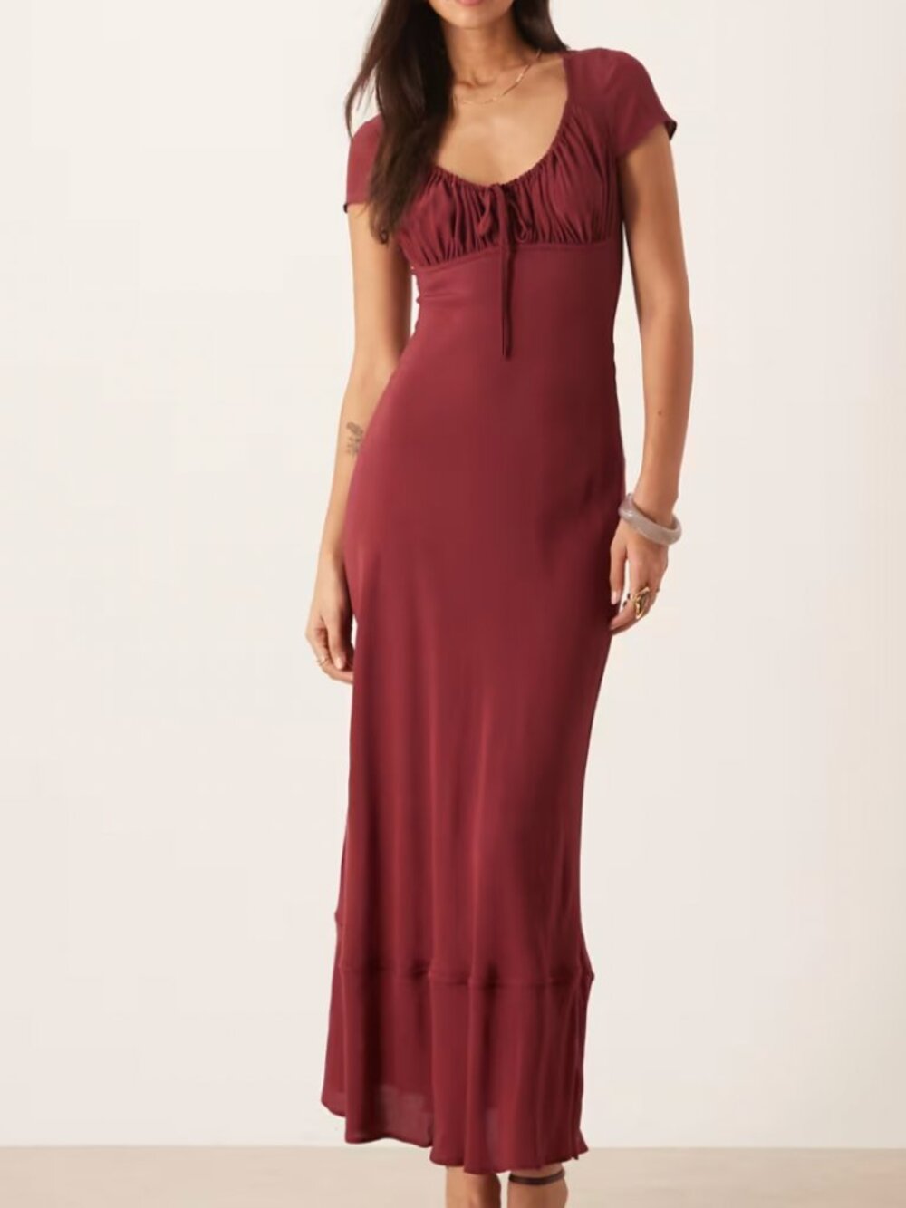 ASOS DESIGN ruched front puff sleeve maxi dress in burgundy